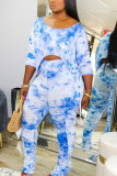Blue Fashion Sexy adult Patchwork Print Tie Dye Two Piece Suits pencil Half Sleeve Two Pieces