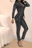 White Sexy Fashion zipper Sequin Chlorine Long Sleeve O Neck  Jumpsuits