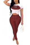Red Fashion Active adult Ma'am Letter Print contrast color Two Piece Suits pencil Short Sleeve Two Pieces
