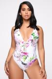 White Fashion Sexy Floral Patchwork Print Sleeveless V Neck Playsuits