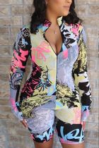 Pink Fashion Casual Print letter Coloured drawing zipper Polyester Long Sleeve O Neck Jumpsuits