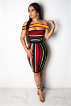 Black and red Polyester Sexy Fashion Off The Shoulder Sleeveless One word collar Hip skirt asymmetrical Striped  C