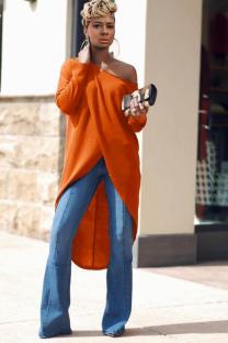 Orange Polyester adult Casual Fashion Cap Sleeve Long Sleeves O neck Asymmetrical Mid-Calf asymmetrical hol