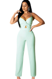 Green Fashion Sexy Hollow Solid Draped Sleeveless Slip Jumpsuits