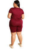 Wine Red Polyester Fashion Casual adult O Neck Patchwork Solid Two Piece Suits Stitching Plus Size 