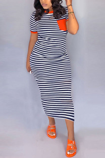 Orange Fashion Casual Red Blue Green Orange purple Cap Sleeve Short Sleeves O neck Step Skirt Mid-Calf Striped Dresses