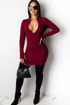 Wine Red Polyester OL Cap Sleeve Long Sleeves O neck Step Skirt skirt Solid chain 