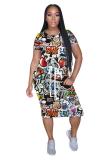 Black Green Fashion adult Street White Black Grey Orange Yellow Black Green cartoon Multi-color Cap Sleeve Short Sleeves O neck A-Line Mid-Calf Print Patchwork Ombre bandage Colouring Dresses