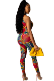 Red Polyester Fashion Ma'am adult Sexy Two Piece Suits Print Patchwork pencil Sleeveless  Two-piece Pant