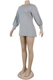 Grey Polyester adult Sexy Fashion lantern sleeve Long Sleeves O neck Pencil Dress Mini Solid Patchwork 