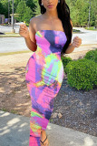 Multi-color Sexy Print Tie-dye Backless Strapless Pencil Skirt Dresses