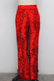 Red Polyester Drawstring Mid Patchwork Print Loose Pants  Pants