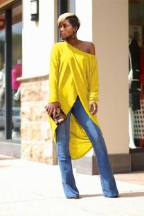 Yellow Polyester adult Casual Fashion Cap Sleeve Long Sleeves O neck Asymmetrical Mid-Calf asymmetrical hol