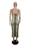 Khaki Fashion Sexy Off The Shoulder Sleeveless Wrapped chest Step Skirt Mid-Calf Print Patchwork 