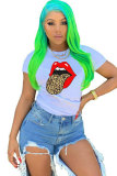 White Black Yellow Polyester O Neck Short Sleeve Patchwork Print Lips Print Tops