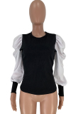 Black Polyester O Neck Long Sleeve Patchwork Solid  Long Sleeve Tops