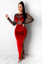 Red Polyester Sexy Fashion adult Cap Sleeve Long Sleeves O neck Asymmetrical Ankle-Length Solid backless