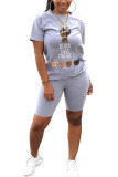 Grey Fashion Street Print Two Piece Suits Straight Short Sleeve Two Pieces