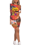 Red Fashion Active Patchwork Print Tie Dye Two Piece Suits Straight Short Sleeve Two Pieces