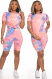 Blue Fashion Sexy Print Tie Dye Two Piece Suits pencil Short Sleeve Two Pieces
