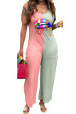 Yellow and blue Fashion Casual Patchwork Lip Polyester Sleeveless Slip Jumpsuits