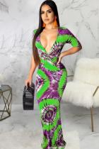 Green Sexy Fashion Cap Sleeve Short Sleeves V Neck A-Line Floor-Length Patchwork Print