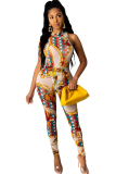 White Polyester Fashion Ma'am adult Sexy Two Piece Suits Print Patchwork pencil Sleeveless  Two-piece Pant