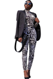 Black Sexy Two Piece Suits Patchwork Striped pencil Long Sleeve Two-piece Pants Set