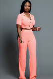 Pink Polyester Fashion adult Lightly cooked Two Piece Suits Button Solid Straight Short Sleeve  Two-piece
