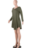 Army Green Cotton Sexy Cap Sleeve Long Sleeves V Neck Swagger Knee-Length Patchwork Solid 