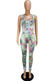 Green Sexy Fashion Print Patchwork Polyester Sleeveless Slip  Jumpsuits