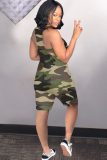 Army Green Sexy Fashion Camouflage Chemical fiber blend Sleeveless V Neck  Rompers