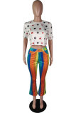 Multi-color Elastic Fly Mid Striped Print Patchwork Boot Cut Pants Pants