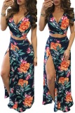 White Polyester adult Street Fashion Two Piece Suits Patchwork Print Split Floral A-line skirt Short Sleev