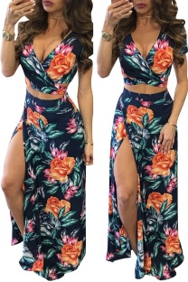 As Show Polyester adult Street Fashion Two Piece Suits Patchwork Print Split Floral A-line skirt Short Sleev