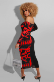 Red Sexy Fashion adult Off The Shoulder Long Sleeves One word collar Step Skirt Mid-Calf Patch