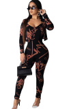 Coffee Polyester Casual Two Piece Suits Print Straight Long Sleeve 