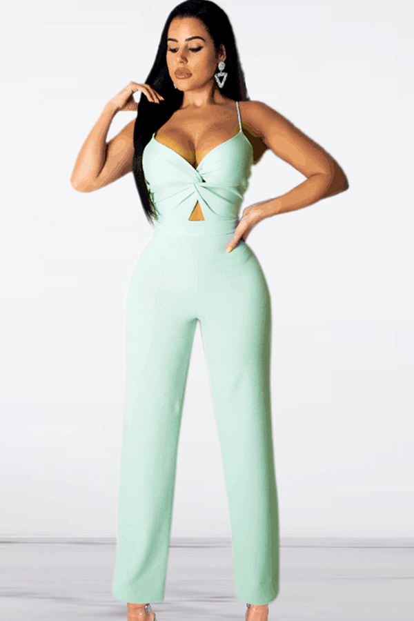 Green Fashion Sexy Hollow Solid Draped Sleeveless Slip Jumpsuits