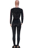 Champagne Elastic Fly Long Sleeve Mid Patchwork Solid Straight Pants Two-piece suit