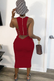 White Fashion Casual adult Ma'am White Red Black Blue Off The Shoulder Sleeveless O neck Asymmetrical Mid-Calf Patchwork Solid backless hollow out asymmetrical Dresses