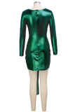 Green Polyester Sexy Fashion Cap Sleeve Long Sleeves V Neck Asymmetrical Mini Solid Patchwork asymmetrical