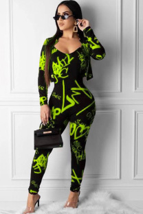 Fluorescent green Polyester Casual Two Piece Suits Print Straight Long Sleeve 