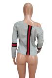 Light Gray One word collar Long Sleeve Patchwork Ribbon Solid