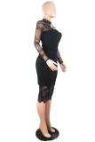 Royal blue Polyester adult Sexy Fashion Cap Sleeve Long Sleeves Half-Open collar Step Skirt Knee-Length lace ho