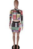 Multi-color venetian Street Print Two Piece Suits Letter HOLLOWED OUT pencil Long Sleeve 