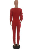 Red Elastic Fly Mid Solid Straight Pants Jumpsuits & Rompers