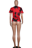 Red O Neck Short Sleeve Print