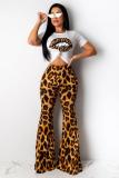 Red Fashion Casual adult Leopard Lips Print Print Loose Short Sleeve