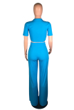 Blue Polyester Fashion adult Lightly cooked Two Piece Suits Button Solid Straight Short Sleeve  Two-piece