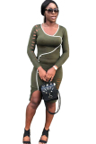 Army Green Sexy Cap Sleeve Long Sleeves O neck Pencil Dress Knee-Length Solid